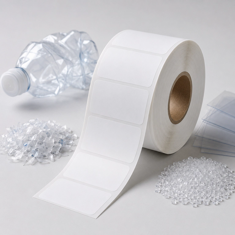 Recycled-content rPET film label material roll