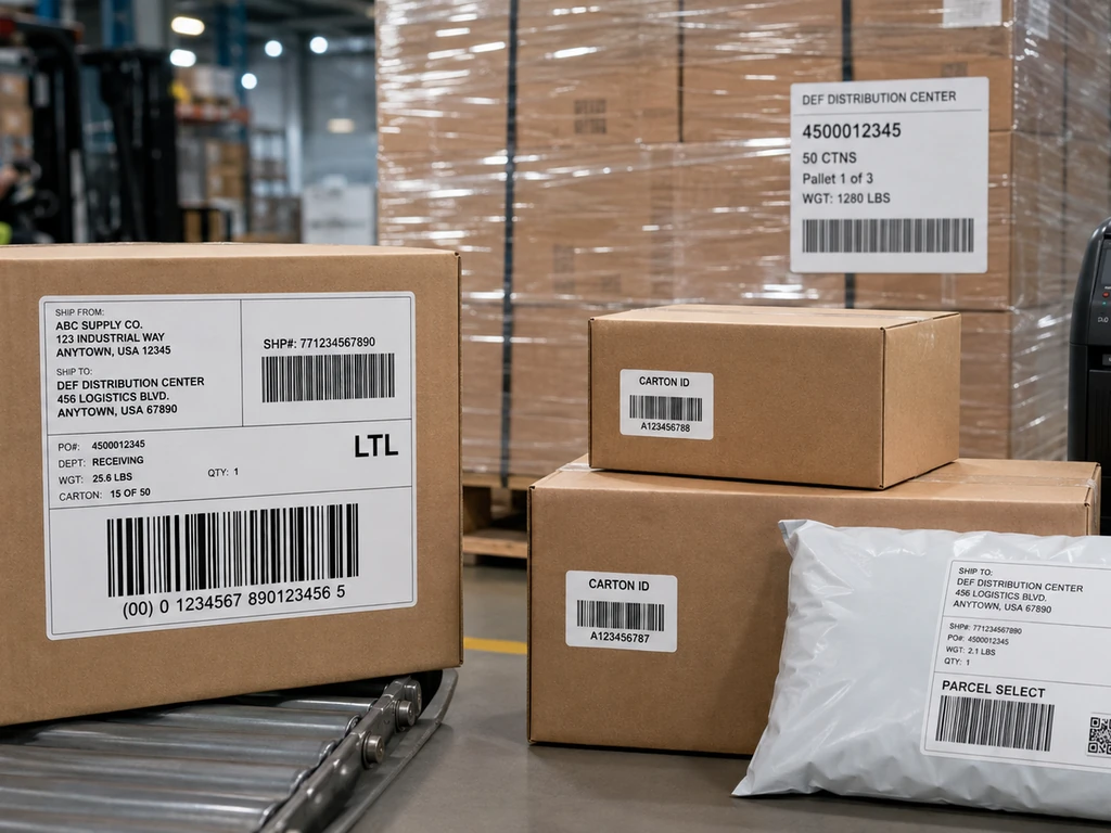 Shipping cartons with barcode labels in a distribution centre