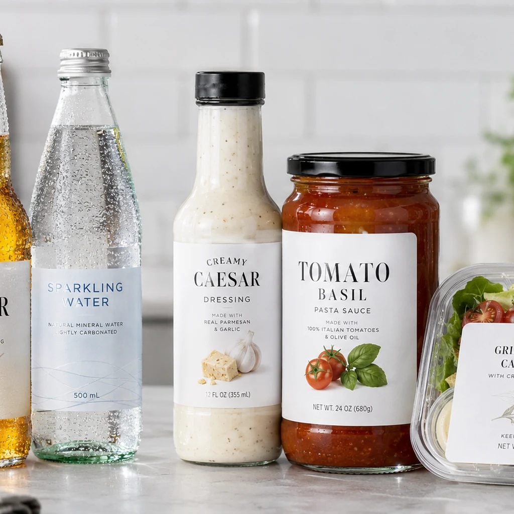 Food and beverage packaging with paper and film labels