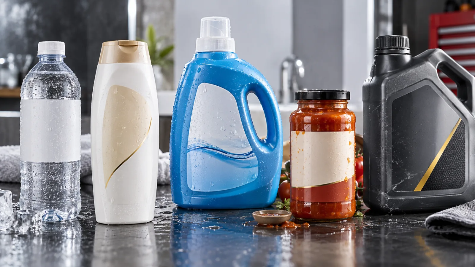 Water-resistant film labels on beverage, personal care, detergent, food and industrial containers
